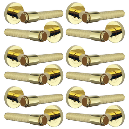 Knurled Door Handles Polished Brass Loop & Neck Lever on Round Rose Latch Handle Luxe