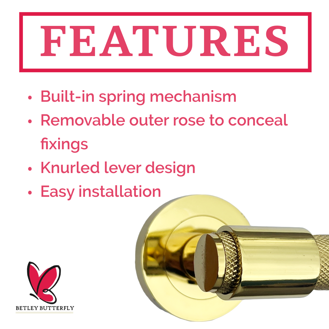 Knurled Door Handles Polished Brass Loop & Neck Lever on Rose Key Lock Set