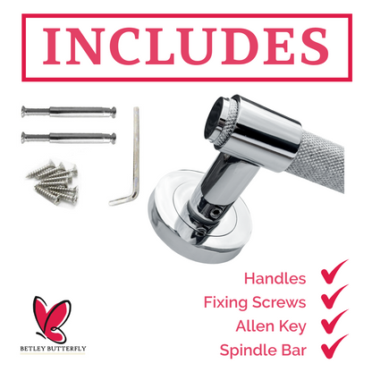 Knurled Door Handles Chrome Loop & Neck Lever on Rose Latch Set