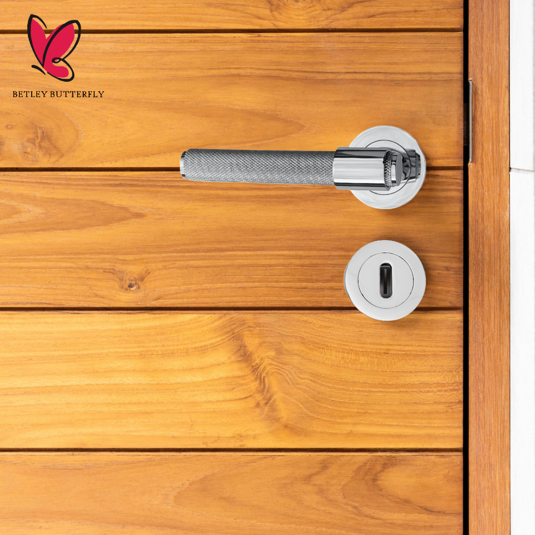 Knurled Door Handles Chrome Loop & Neck Lever on Rose Key Lock Set