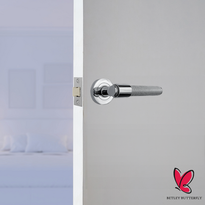 Knurled Door Handles Chrome Loop & Neck Lever on Rose Latch Set