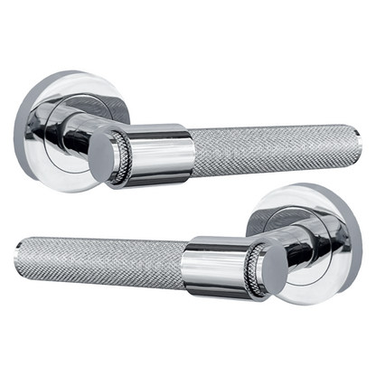 Knurled Door Handles Chrome Loop & Neck Lever on Rose Latch Set