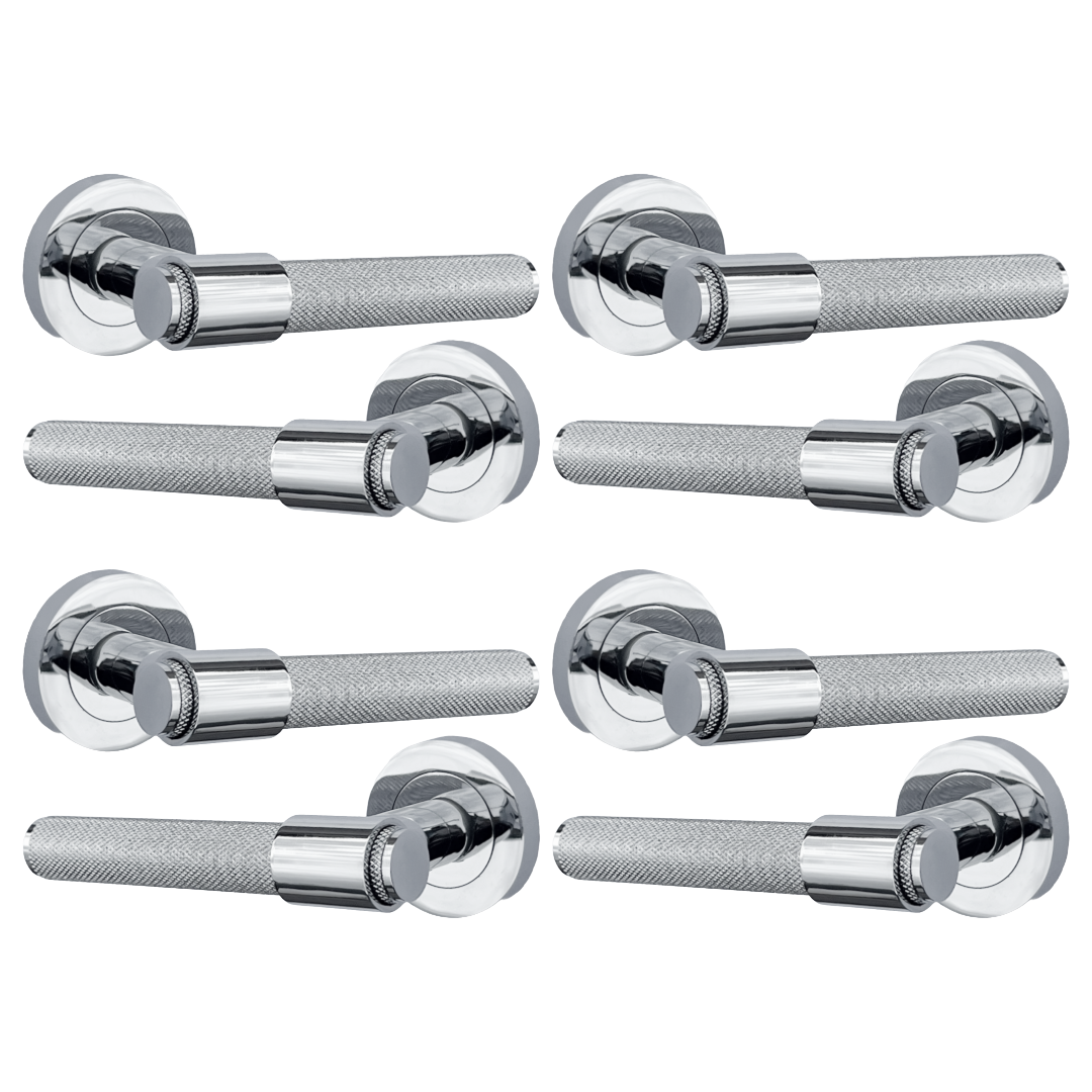 Knurled Door Handles Polished Chrome Loop & Neck Lever on Round Rose Latch Handle Luxe