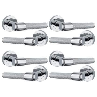 Knurled Door Handles Polished Chrome Loop & Neck Lever on Round Rose Latch Handle Luxe