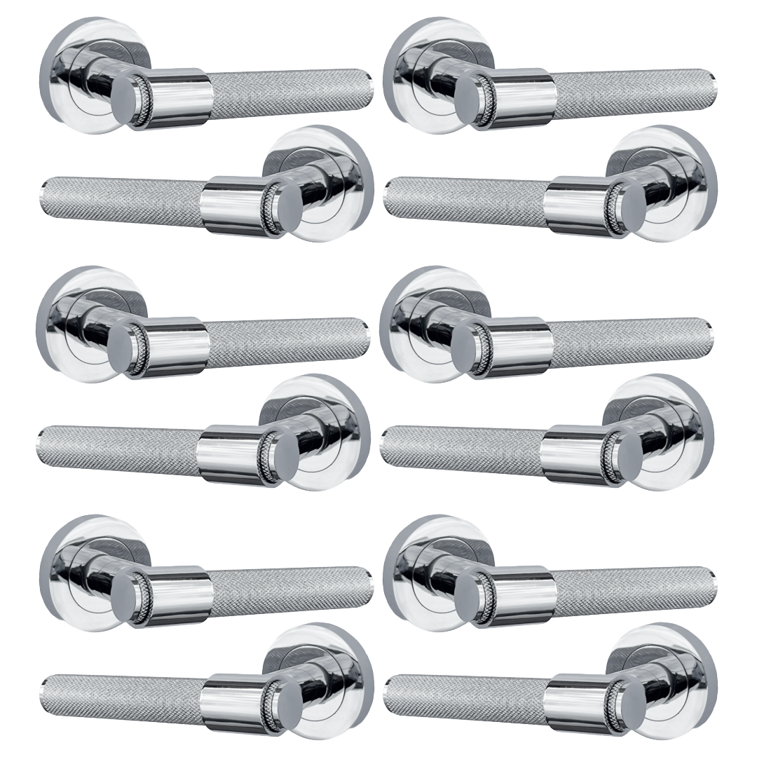 Knurled Door Handles Polished Chrome Loop & Neck Lever on Round Rose Latch Handle Luxe