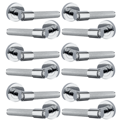 Knurled Door Handles Polished Chrome Loop & Neck Lever on Round Rose Latch Handle Luxe