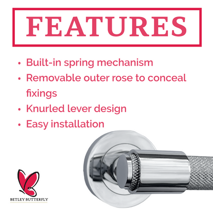 Knurled Door Handles Chrome Loop & Neck Lever on Rose Latch Set