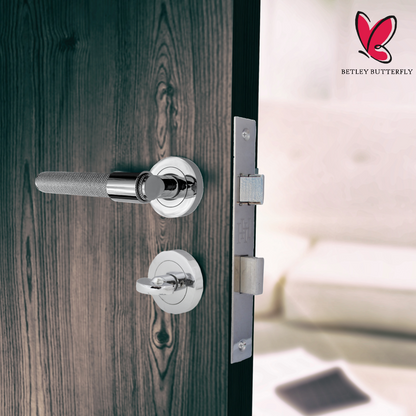 Knurled Door Handles Chrome Loop & Neck Lever on Rose Bathroom Set