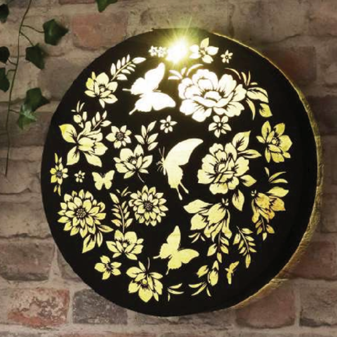 Round Butterfly Solar Wall Panel Metal LED Garden Decor