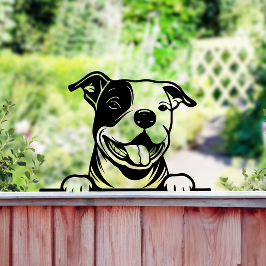 Peeking Staffie Dog Fence Topper Black Metal Silhouette Garden Decoration