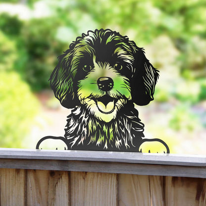 Peeking Cockapoo Dog Fence Topper Black Metal Silhouette Garden Decoration