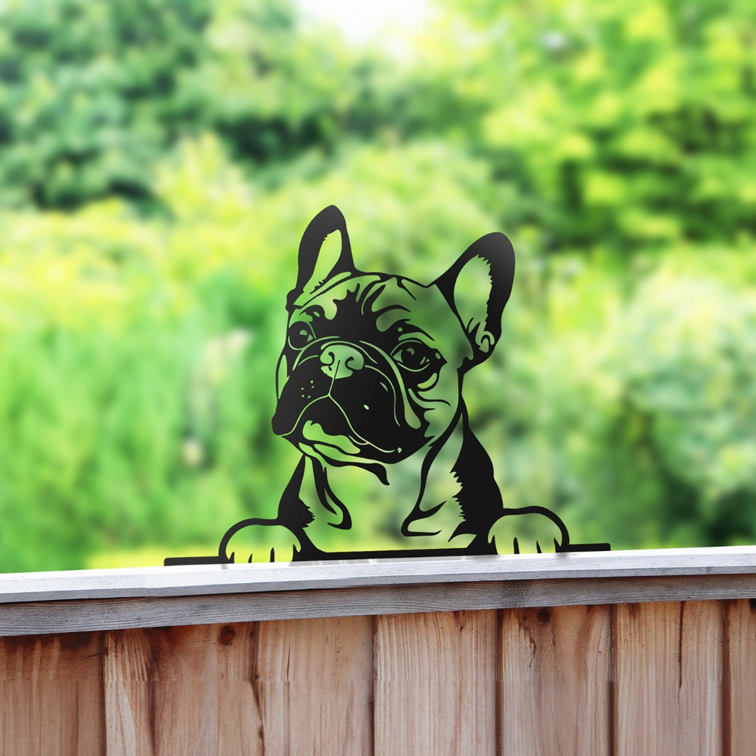 Peeking Frenchie Dog Fence Topper Black Metal Silhouette Garden Decoration