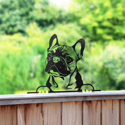 Peeking Frenchie Dog Fence Topper Black Metal Silhouette Garden Decoration