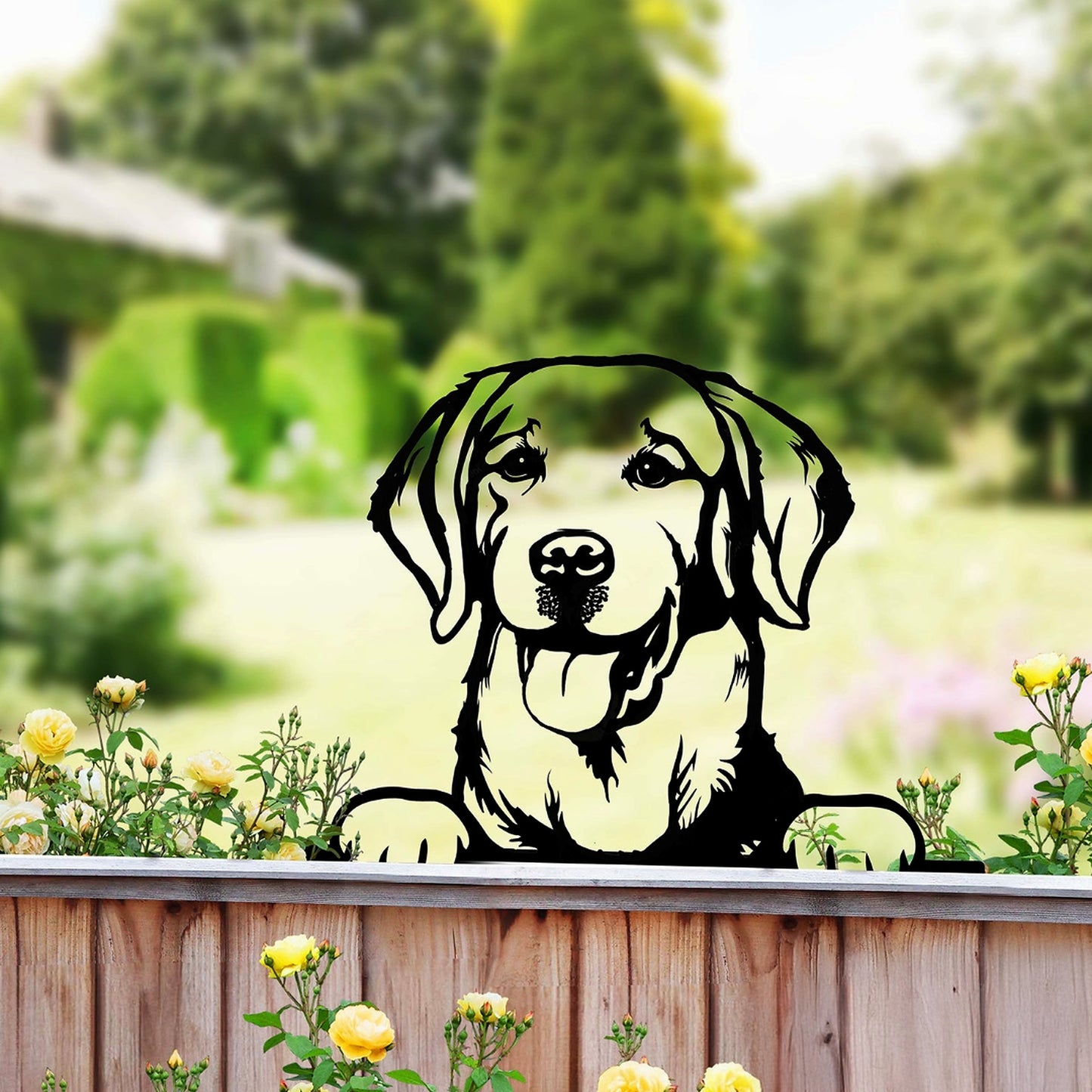 Tesco JPG version for Peeking Labrador Retriever Dog Fence Topper Black Metal Silhouette Garden Decoration - 25cm x 32cm