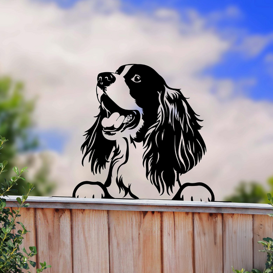 Peeking Spaniel Dog Fence Topper Black Metal Silhouette Garden Decoration