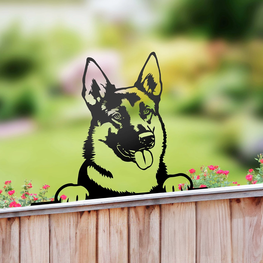 Peeking German Shepherd Dog Fence Topper Black Metal Silhouette Garden Decoration