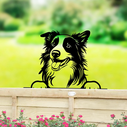 Peeking Border Collie Dog Fence Topper Black Metal Silhouette Garden Decoration