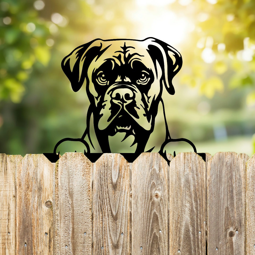 Peeking Boxer Dog Fence Topper Black Metal Silhouette Garden Decoration
