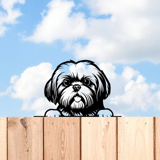 Peeking Shih Tzu Dog Fence Topper Black Metal Silhouette Garden Decoration
