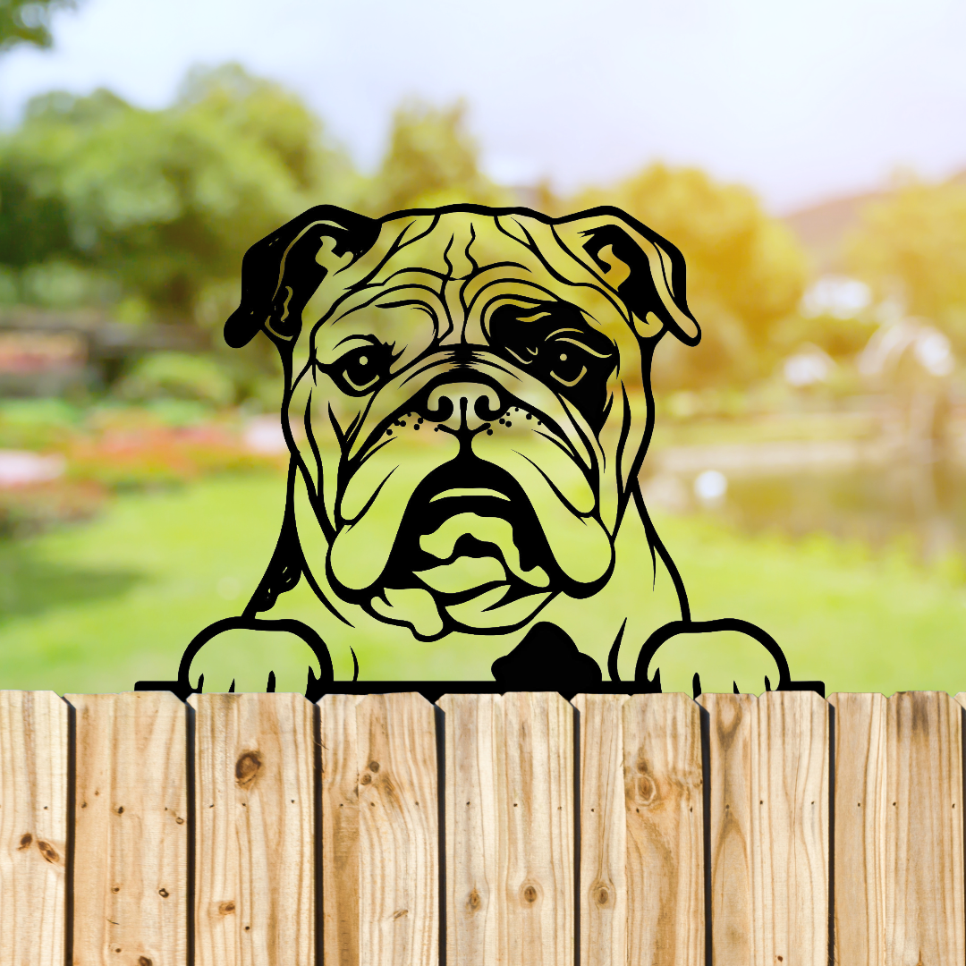 Peeking Bulldog Dog Fence Topper Black Metal Silhouette Garden Decoration