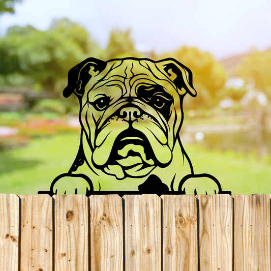 Peeking Bulldog Dog Fence Topper Black Metal Silhouette Garden Decoration