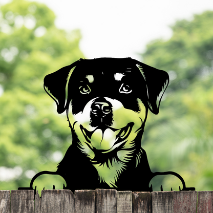 Peeking Rottweiler Dog Fence Topper Black Metal Silhouette Garden Decoration