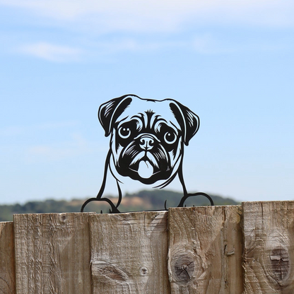 Peeking Pug Dog Fence Topper Black Metal Silhouette Garden Decoration