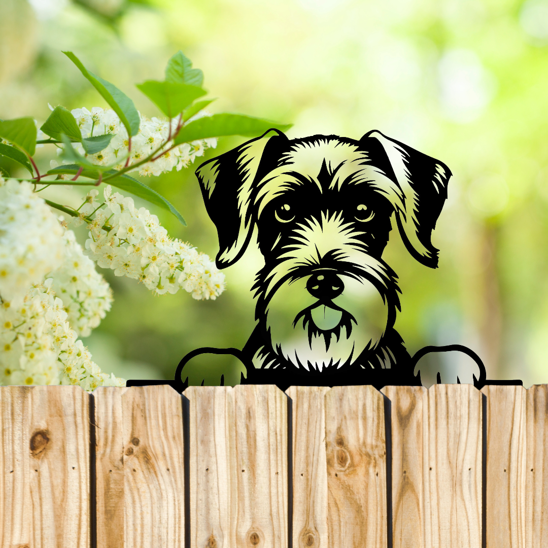 Peeking Schnauzer Dog Fence Topper Black Metal Silhouette Garden Decoration