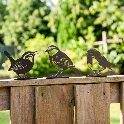 Set of 3 Peeking Bird Fence Toppers Black Steel Garden Wall Silhouettes