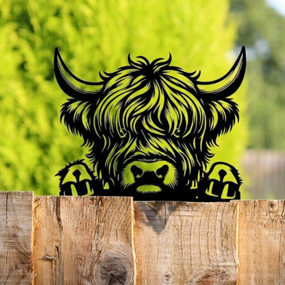 Highland Cow Fence Topper Black Steel Peeking Farmyard Garden Silhouette - 41cm x 33cm