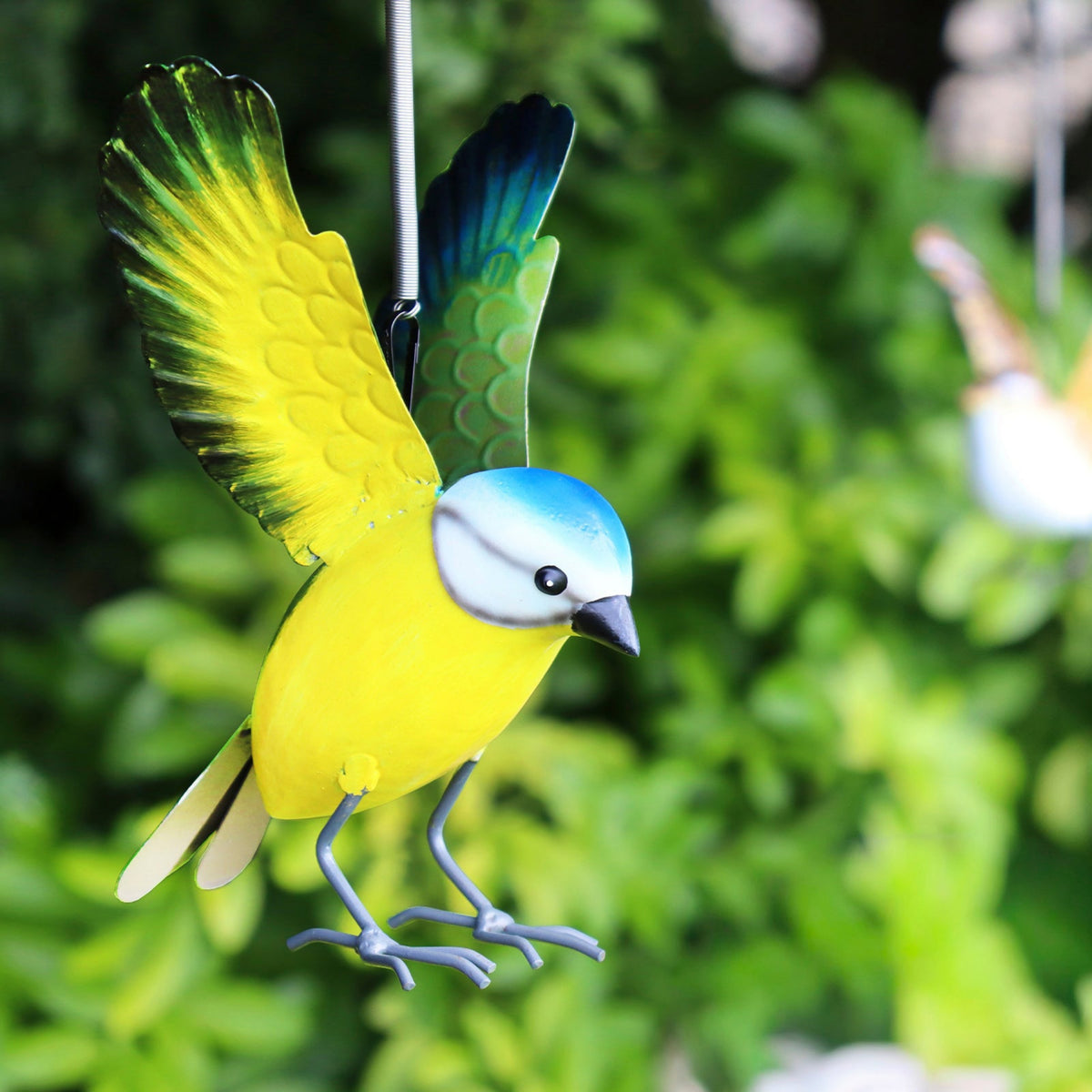 Metal Hanging Blue Tit Garden Ornament, 14cm - Outdoor Garden Sculpture and Gift