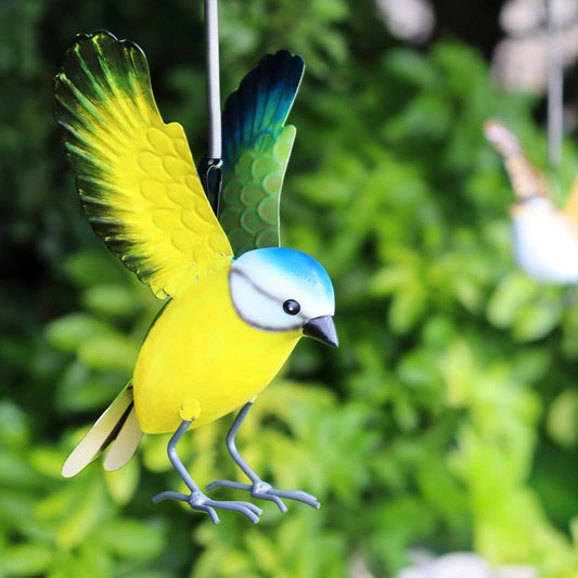 Metal Hanging Blue Tit Garden Ornament, 14cm - Outdoor Garden Sculpture and Gift