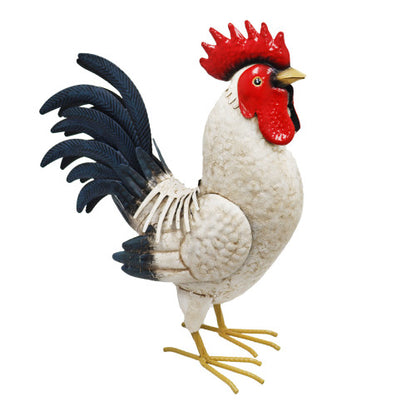 Chicken Cockerel Red Black White Metal Garden Sculpture - Lifelike Farmyard Outdoor Decoration