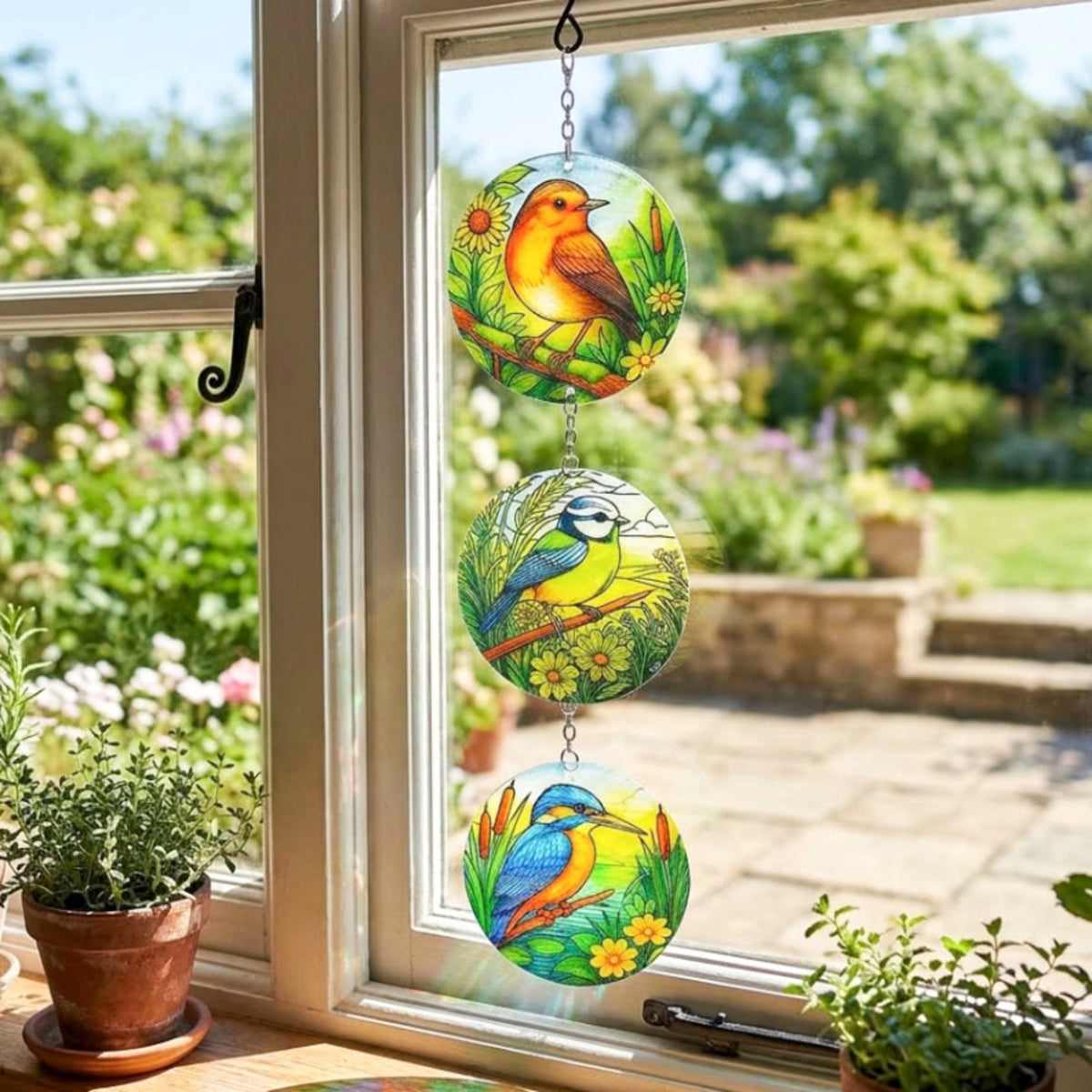 Trio Bird Glass Suncatcher Hanging Window Garden Decoration - 52cm x 12cm