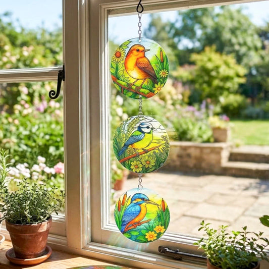 Trio Bird Glass Suncatcher Hanging Window Garden Decoration - 52cm x 12cm