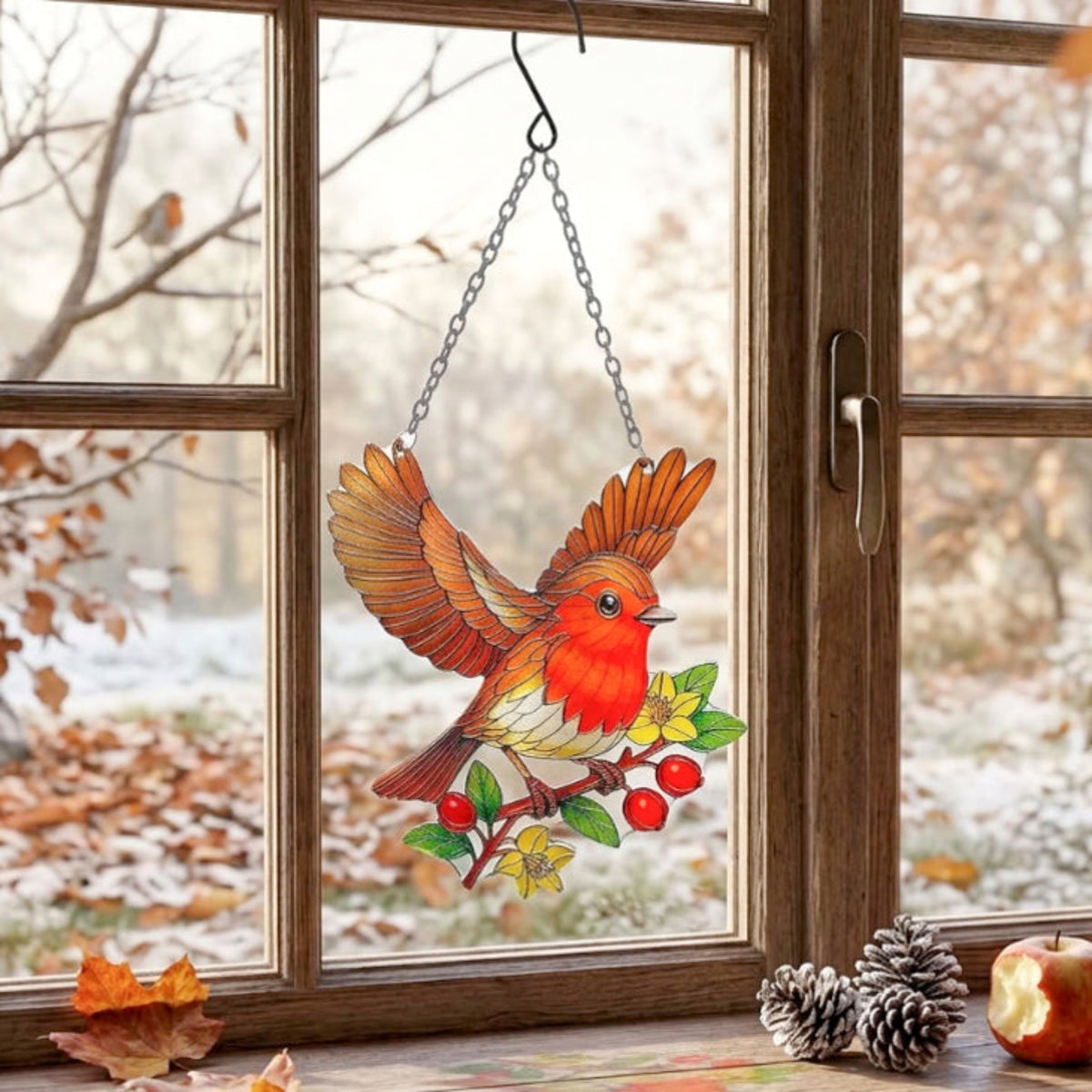 Cut Glass Robin Suncatcher Hanging Window Garden Bird Decoration Gift - 39cm x 21cm