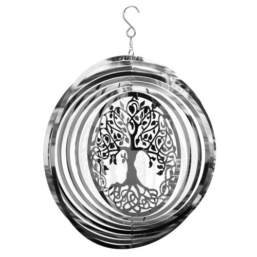 Tree of Life Silhouette Orbit Spinner - Hanging Stainless Steel Mirror