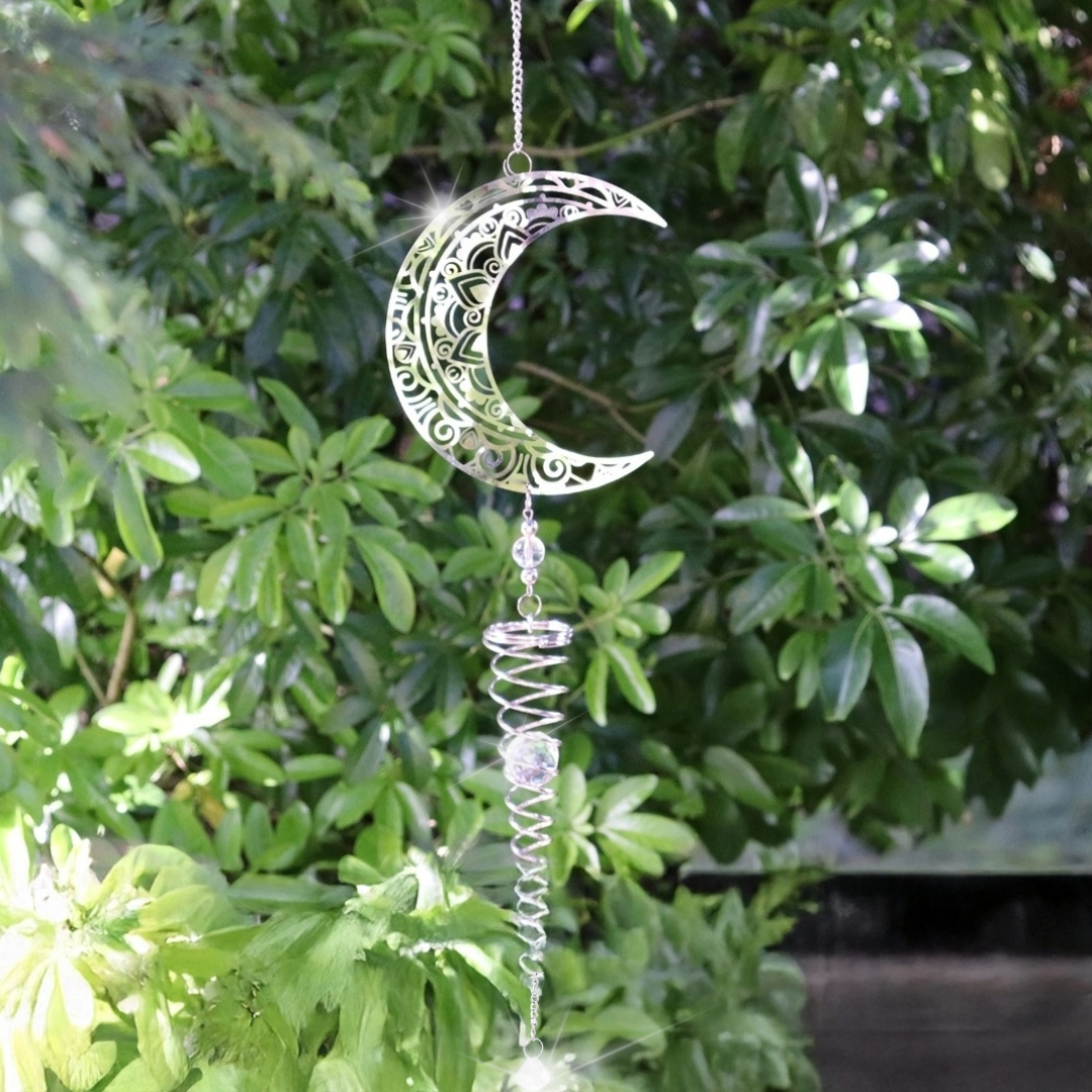 Stainless Steel Hanging Spiral Spinner, Crescent Moon Garden Wind Spinner, 80cm x 15cm