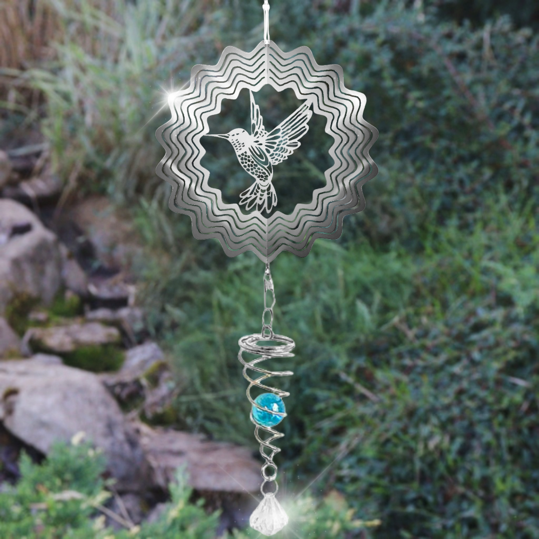 Stainless Steel Hanging Spiral Spinner, Hummingbird Garden Wind Spinner, 80cm x 15cm