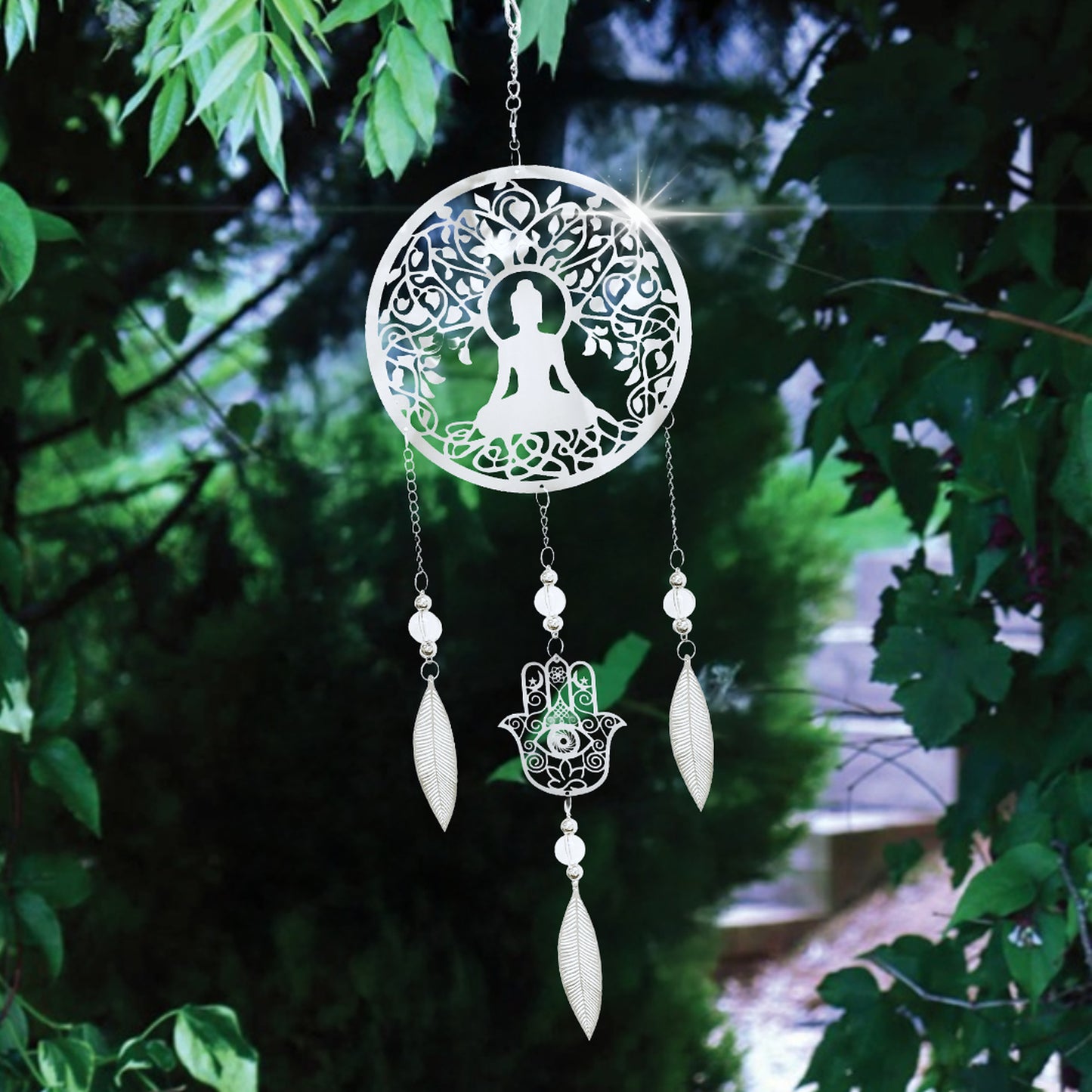 Tesco JPG version for Stainless Steel Hanging Dreamcatcher - Buddha Outdoor Spinning Garden Decor - 59cm x 18cm