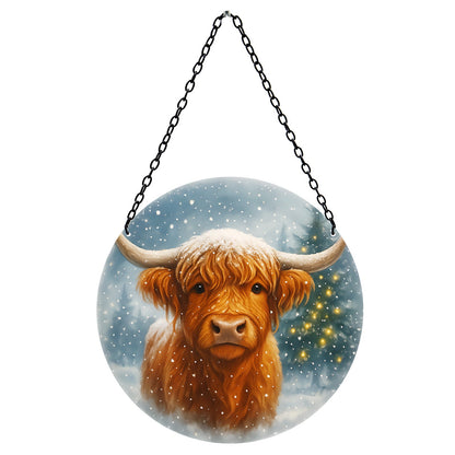 Christmas Highland cow glass hanging suncatcher window decoration