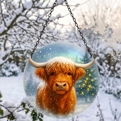 Christmas Highland Cow Glass Suncatcher Hanging Window Garden Decoration Gift