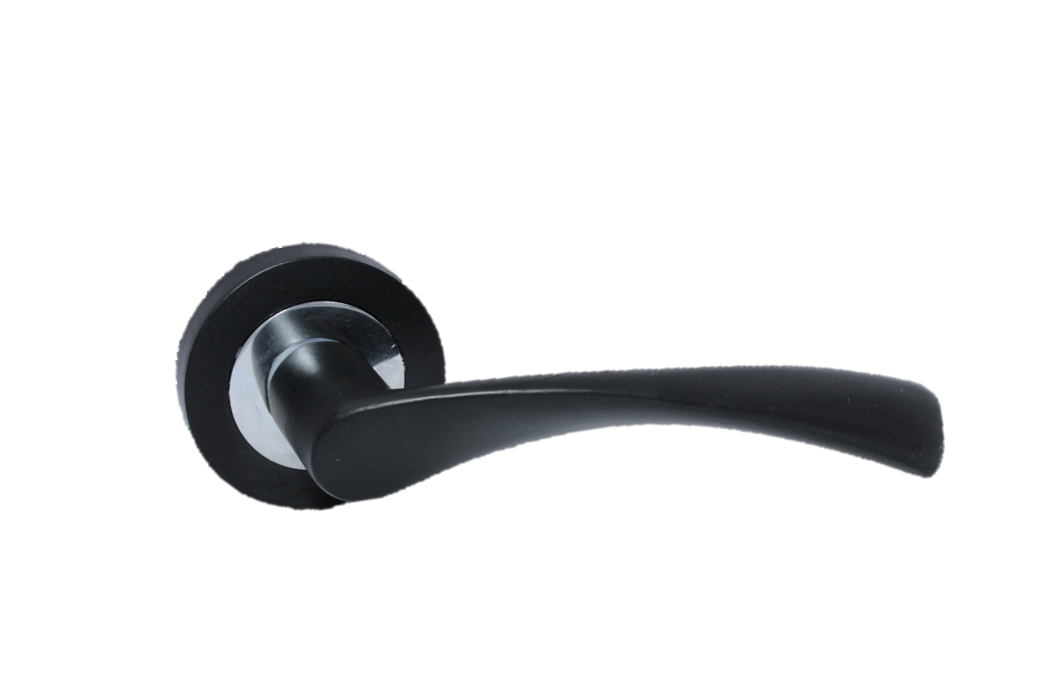 Matt Black Twist Door Handles on Round Rose MODERN Astrid Style Door Handles