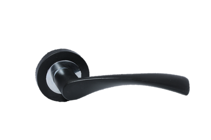 Matt Black Twist Door Handles on Round Rose MODERN Astrid Style Door Handles