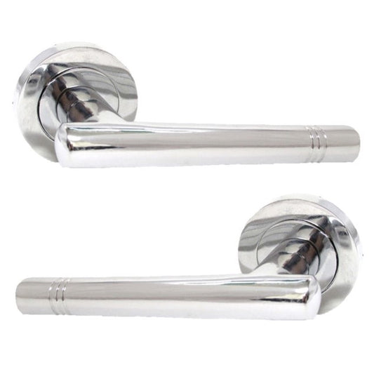Chrome Straight Door Handles Lever Round Rose Silver Door Knobs