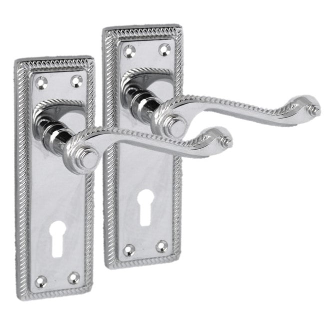 Georgian Door Handles Key Lock, Pair Chrome 150mm x 48mm Backplate, Scroll Lever