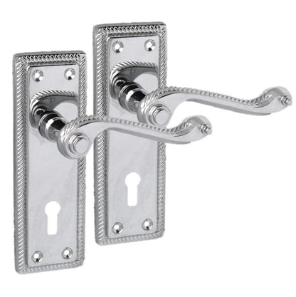 Georgian Door Handles Key Lock, Pair Chrome 150mm x 48mm Backplate, Scroll Lever