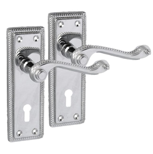 Georgian Door Handles Key Lock, Pair Chrome 150mm x 48mm Backplate, Scroll Lever