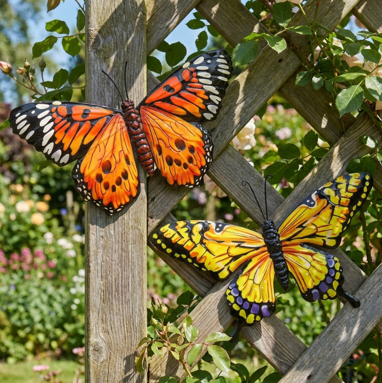 Large Butterfly Wall Art Yellow Orange - Metal Garden Fence Decoration 32 X 49cm