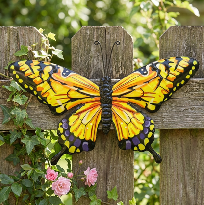 Large Butterfly Wall Art Yellow Orange - Metal Garden Fence Decoration 32 X 49cm